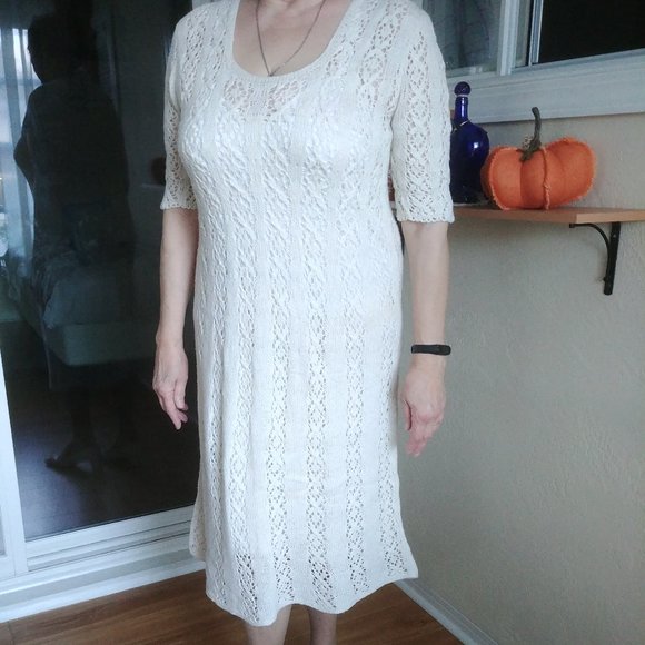 Long Knitted custom made dress size L  nude tan check VIDEO - Picture 15 of 15